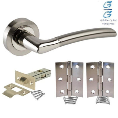 Golden Grace Indiana Style Chrome Door Handles, Duo Finish, 4 Sets with Ball Bearing Hinges (Lever Latch Pack)