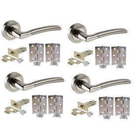 Golden Grace Indiana Style Chrome Door Handles, Duo Finish, 4 Sets with Latch and Standard Hinges (Lever Latch Pack)