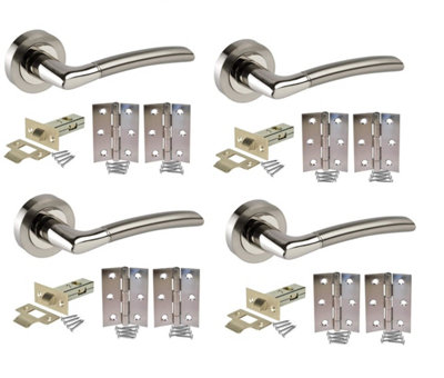 Golden Grace Indiana Style Chrome Internal Door Handles, Duo Finish, 4 Sets with Latch and Standard Hinges (Lever Latch Pack)