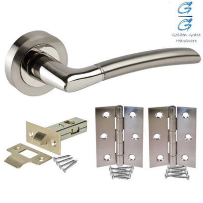 Golden Grace Indiana Style Chrome Internal Door Handles, Duo Finish, 4 Sets with Latch and Standard Hinges (Lever Latch Pack)