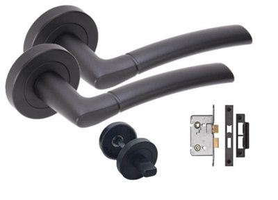 Golden Grace Indiana Style Modern Matt Black Finish Lever Latch Door Handles on Rose (Bathroom Set)