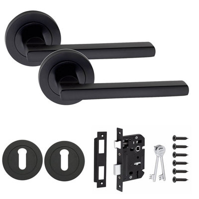 Golden Grace Leon Design Door Handle Matt Black Finish Key Lock Door Handle on rose 3 Lever Mortise Lock and Key Hole - GG