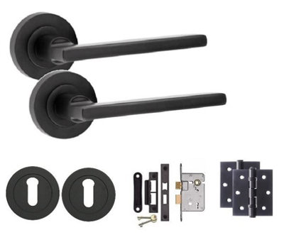 Golden Grace Leon Design Door Handle Matt Black Finish Key Lock Door Handle on rose 3 Lever Mortise Lock, Hinges  and Key Hole