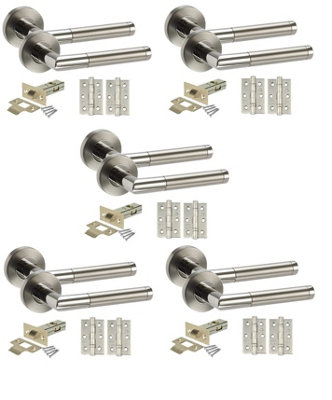 Golden Grace Mitred Style Chrome Door Handles, Duo Finish, 5 Sets with Ball Bearing Hinges and 64mm Tubular Latch