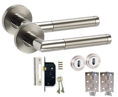 Golden Grace Mitred Style Chrome Door Handles on Rose Dual Finish Latch Pack, Hinges, 64mm Tubular Latch (Bathroom Set)