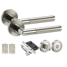 Golden Grace Mitred Style Chrome Door Handles on Rose Dual Finish Latch Pack, Hinges, 64mm Tubular Latch (Bathroom Set)