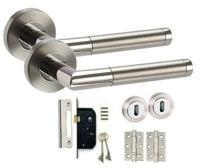 Golden Grace Mitred Style Chrome Door Handles on Rose Dual Finish Latch Pack, Hinges, 64mm Tubular Latch (Key Lock Set)