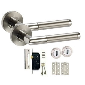 Golden Grace Mitred Style Chrome Door Handles on Rose Dual Finish Latch Pack, Hinges, 64mm Tubular Latch (Key Lock Set)