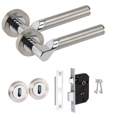 Golden Grace Titan Design Door Handle Dual Finish Satin Nickel/Polished Chrome, 64mm 3-Lever Lock on Round Rose Price Comparisons | Compare The Build