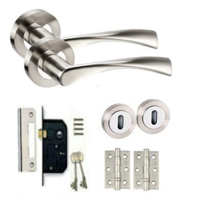 Golden Grace Twist Astrid Chrome Lock Door Handles on Rose, Dual Finish, 1 Set Lever Latch Pack, 64mm Mortise Lock, 2 Keys