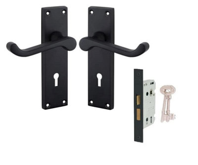 Golden Grace Victorian Scroll Lever Lock Keyhole Door Handles 150mm x 40mm Matt Black Finish with Black 3 Lever Lock and Keys Price Comparisons | Compare The Build
