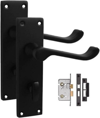 Golden Grace Victorian Scroll Matt Black Finish Bathroom WC Toilet Lock Door Handles with Matt Black Bathroom Mortise Lock Set