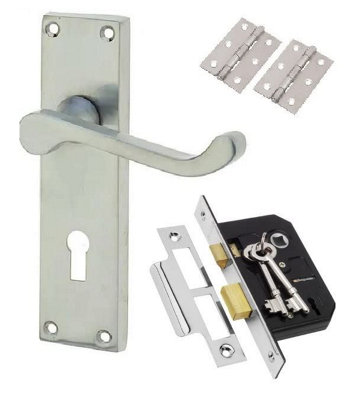 Golden Grace Victorian Scroll Satin Brushed Chrome Door Handle Lock Pack with 2.5" 3 Lever Lock and Hinges Price Comparisons | Compare The Build