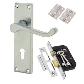 Golden Grace Victorian Scroll Satin Brushed Chrome Door Handle Lock Pack with 2.5" 3 Lever Lock and Hinges