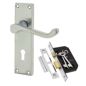 Golden Grace Victorian Scroll Satin Brushed Chrome Door Handle Lock Pack with 2.5" 3 Lever Lock