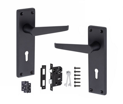 Golden Grace Victorian Straight Handle Matt Black Lever Lock Door Handles +3 Lever Lock Set with 1 Pair of 3" Ball Bearing Hinges