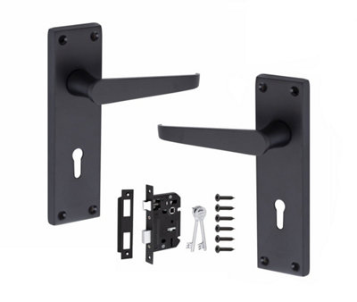 Golden Grace Victorian Straight Handle Matt Black Lever Lock Door Handles with 64mm 3 Lever Lock Set 150mm x 40mm Backplate