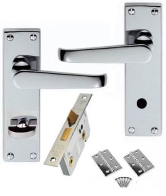 Golden Grace Victorian Straight Polished Chrome Bathroom Door Handles + 64mm Bathroom Lock Set and 1 Pair of 3" Butt Hinges