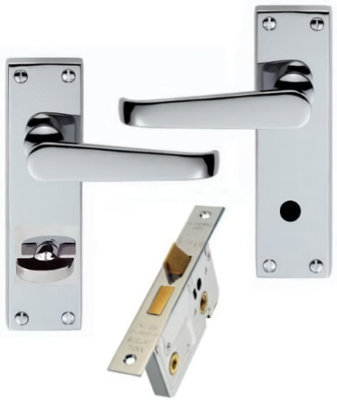 Golden Grace Victorian Straight Polished Chrome Bathroom Door Handles + 64mm Bathroom Lock Set