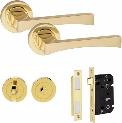 Golden Grace Wave Design Electro Brass Door Handle Set with 64mm Bathroom Lock and Thumbturn on Round Rose