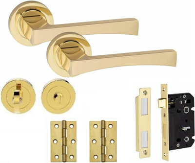 Golden Grace Wave Design Electro Brass Door Handle Set with 64mm Bathroom Lock Thumbturn and 3" Standard Hinges on Round Rose