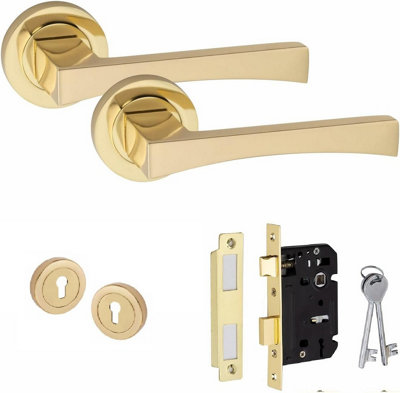 Golden Grace Wave Design Electro Brass Finish Key Lock Door Handle Set with 64mm 3 Lever Mortise Lock and Key Hole on Round Rose