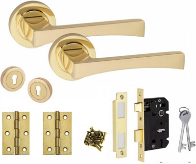 Golden Grace Wave Design Electro Brass Key Lock Handle Set with 64mm 3 Lever Lock Escutcheon and 3" Hinges on Round Rose