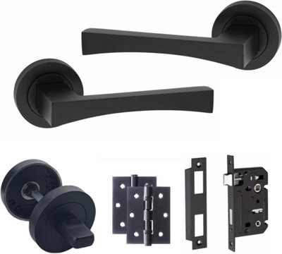 Golden Grace Wave Design Handle Matt Black Bathroom Door Handle Set with 64mm Bathroom Lock Hinges and Thumbturn on Round Ros