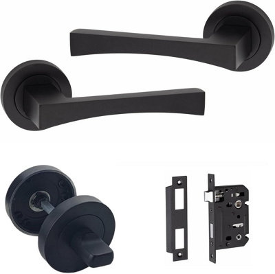 Golden Grace Wave Design Handle Matt Black Bathroom Door Handle Set with 64mm Bathroom Mortise Lock and Thumbturn on Round Rose