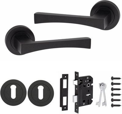 Golden Grace Wave Design Key Lock Door Handle Set on Round Rose in Matt Black Finish with 64mm 3 Lever Mortise Lock & Key Hole