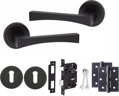 Golden Grace Wave Design Key Lock Door Handle Set on Round Rose Matt Black Finish with 64mm 3 Lever Lock, Hinges and Escutcheon