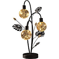Golden Lily Globe Table Lamp - Battery Powered Black Art Deco Light with 24 LED Lights in 3 Orb Spheres & Metal Leaf Accents