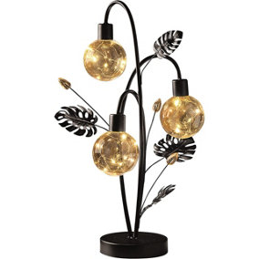 Golden Lily Globe Table Lamp - Battery Powered Black Art Deco Light with 24 LED Lights in 3 Orb Spheres & Metal Leaf Accents