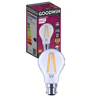 GOODWIN  Classic GLS Clear B22d 300D 6.5W/60W 806lm Dimmable Ra80 2700K LED Lamp