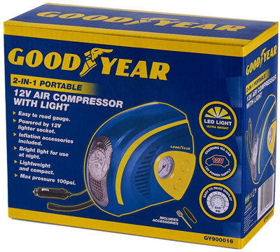 Goodyear 2 in 1 tyre air compressor store inflator with led light car bike bicycle