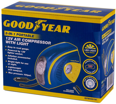 Goodyear 2 in 1 Tyre Air Compressor Inflator With LED Light Car Bike Bicycle
