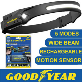 Goodyear LED Head Torch Rechargeable Headlamp COB Motion Sensor Waterproof Light