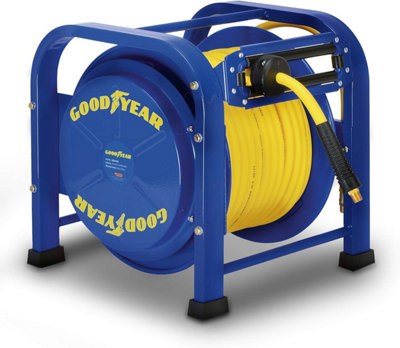 Goodyear Retractable Air Hose Reel: 9.5mm x 30m (20BAR Max) SBR Rubber Hose, Heavy Duty Portable Quad Pod