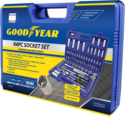 Goodyear Socket Set & Screwdriver Bit Torx Ratchet Case 94PC 1/2" 1/4" Tool Kit