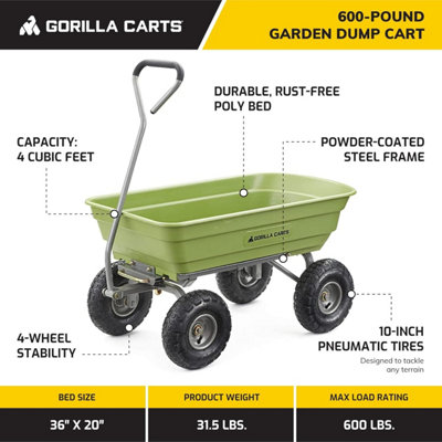 Gorilla Carts Heavy Duty Poly Yard Dump Cart, Lawn & Garden Wagon, 600 ...