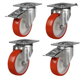 GORILLA Swivel Castor Wheels Polyurethane 130mm 350kg Capacity Each Wheel Red x4