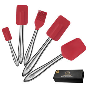 Gourmet Easy 5 Piece Silicone Spatula Set with Stainless Steel Handle - Red