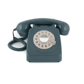 GPO 746 Rotary '70s-Style Landline Phone with Ringer On/Off Switch,Curly Cord,Authentic Bell Ring for Home,Hotels-Grey