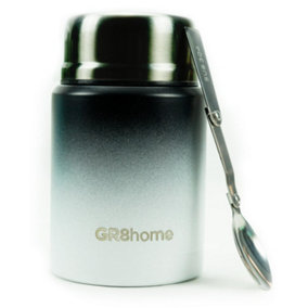Gr8 Home Stainless Steel Food Flask 500ml Vacuum Insulated Thermal Soup Jar Spoon Black And White