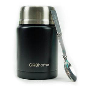 Gr8 Home Stainless Steel Food Flask 500ml Vacuum Insulated Thermal Soup Jar Spoon Black