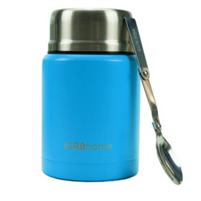Gr8 Home Stainless Steel Food Flask 500ml Vacuum Insulated Thermal Soup Jar Spoon Blue