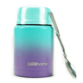 Gr8 Home Stainless Steel Food Flask 500ml Vacuum Insulated Thermal Soup Jar Spoon Green Violet
