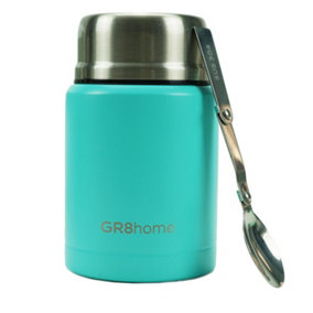 Gr8 Home Stainless Steel Food Flask 500ml Vacuum Insulated Thermal Soup Jar Spoon Green