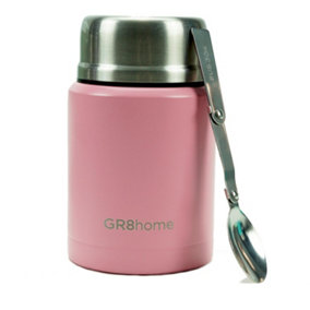 Gr8 Home Stainless Steel Food Flask 500ml Vacuum Insulated Thermal Soup Jar Spoon Pink