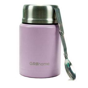 Gr8 Home Stainless Steel Food Flask 500ml Vacuum Insulated Thermal Soup Jar Spoon Purple